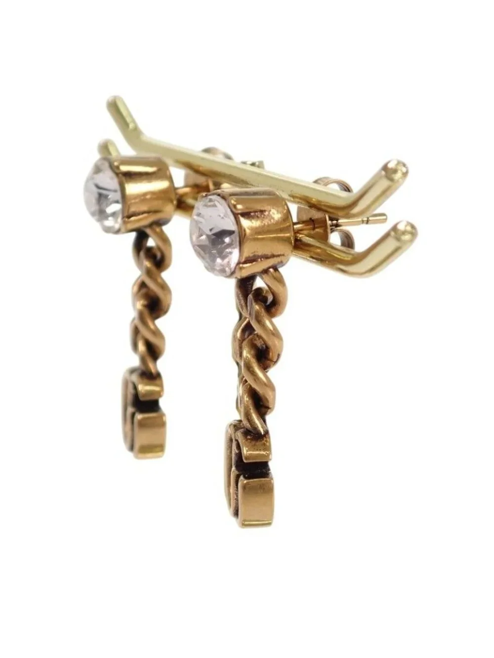 Gucci Crystal Double Earrings Metal Aging Gold